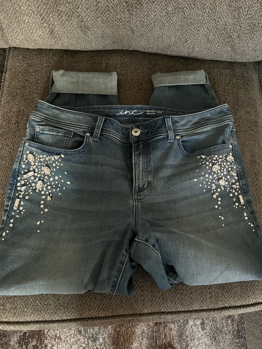 INC International Concepts Dark Blue Skinny Jeans with Crystal Accents